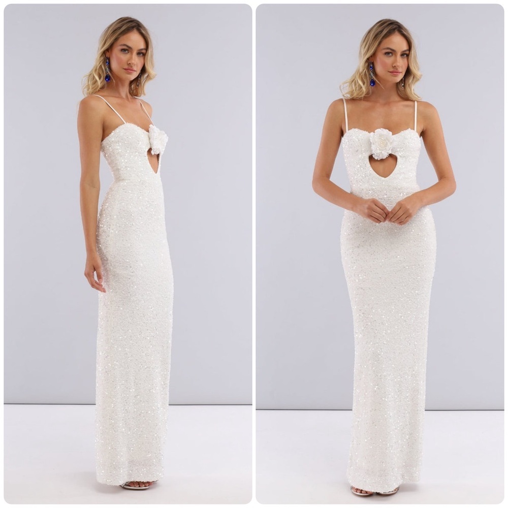New! Helsi x Anthropologie Lyla White Sequin Rose Keyhole Column Maxi Dress🤍 Lrg - Picture 3 of 15